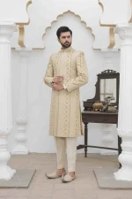 Skin Gold Sherwani Luxury Digital Thread & Handmade Embroidery - Image 3