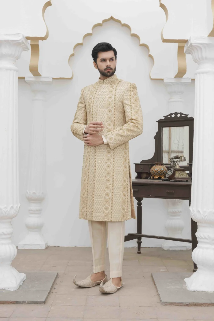 Skin Gold Sherwani Luxury Digital Thread & Handmade Embroidery - Image 3