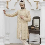 Skin Gold Sherwani with Digital Thread and Handmade Embroidery for Groom Wear