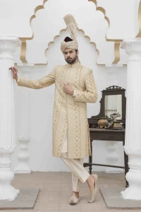 Skin Gold Sherwani with Digital Thread and Handmade Embroidery for Groom Wear
