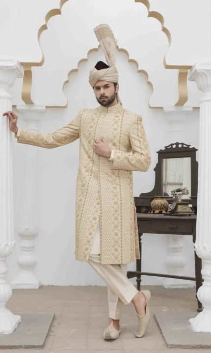 Skin Gold Sherwani with Digital Thread and Handmade Embroidery for Groom Wear