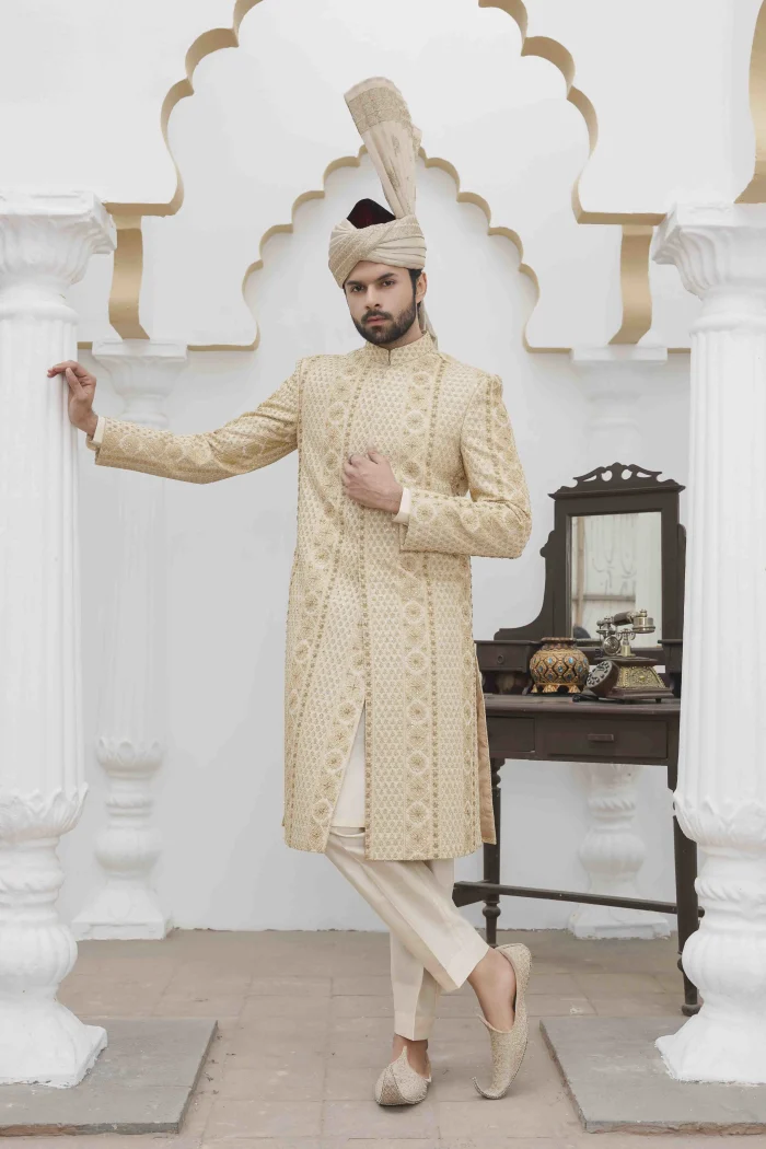 Skin Gold Sherwani with Digital Thread and Handmade Embroidery for Groom Wear