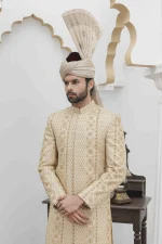 Skin Gold Sherwani Luxury Digital Thread & Handmade Embroidery - Image 4