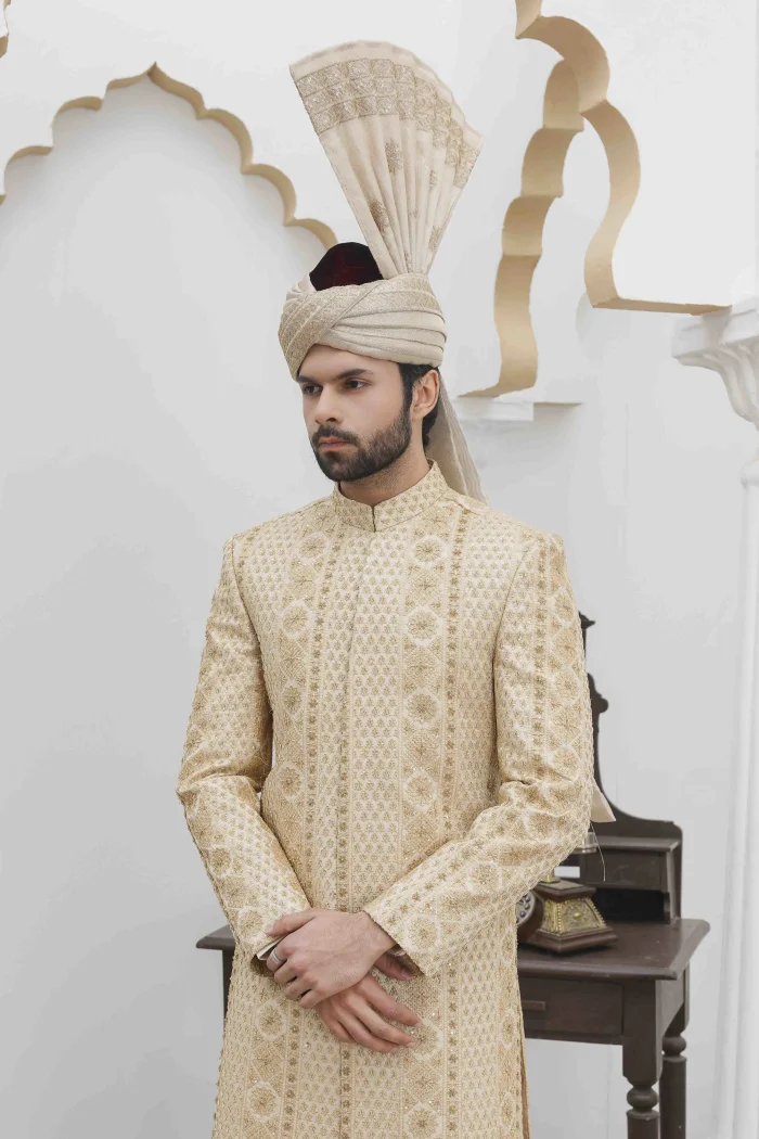 Skin Gold Sherwani Luxury Digital Thread & Handmade Embroidery - Image 4