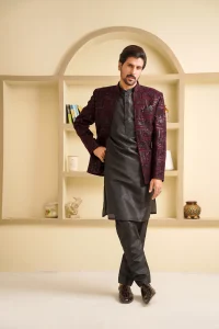 Maroon Velvet Open Prince Coat with Digital Thread Embroidery for Men