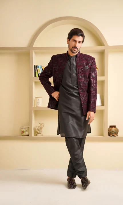 Maroon Velvet Open Prince Coat with Digital Thread Embroidery for Men