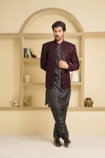 Maroon Velvet Open Prince Coat with Digital Thread Embroidery for Men