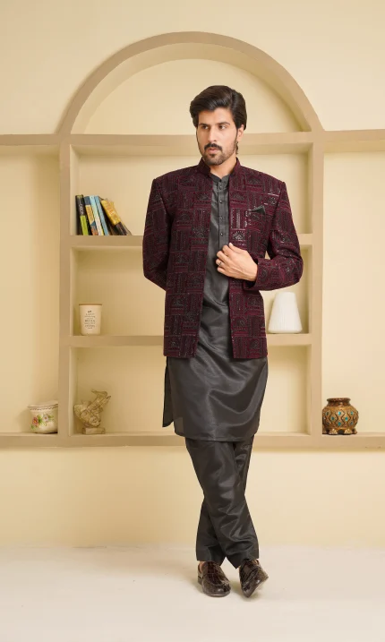 Maroon Velvet Open Prince Coat with Digital Thread Embroidery for Men