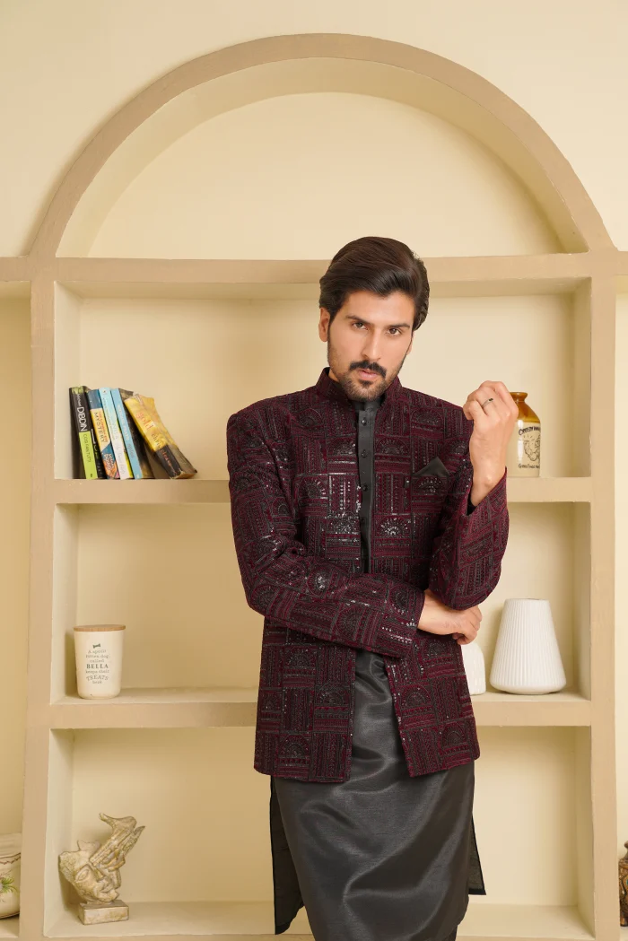 Maroon Velvet Open Prince Coat with Digital Thread Embroidery for Men