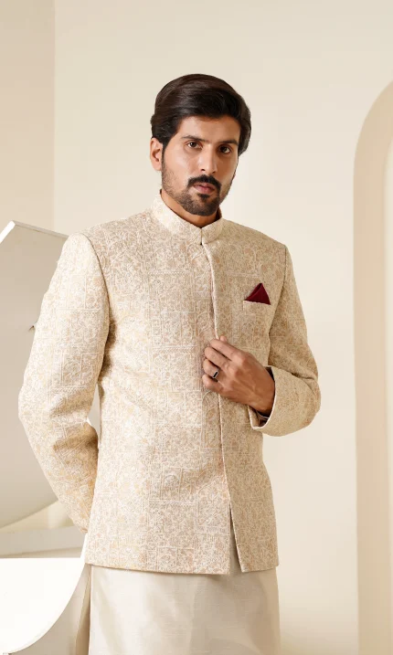 Off White Prince Coat with Premium Digital Thread Embroidery for Men