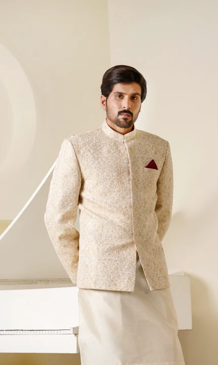 Off White Prince Coat with Premium Digital Thread Embroidery for Men