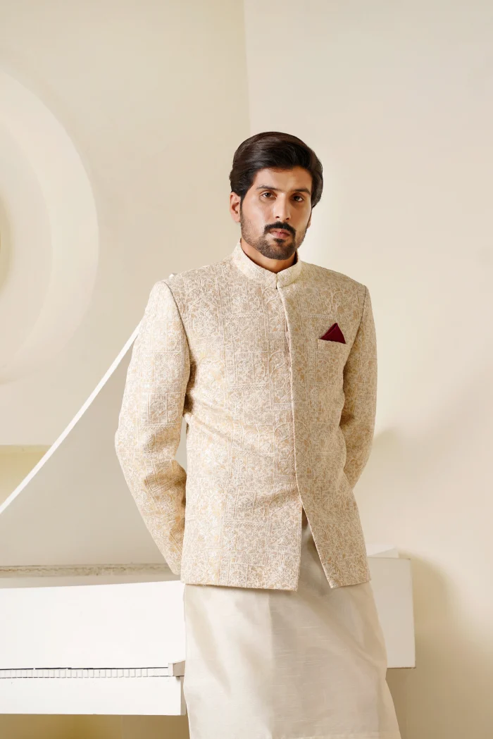 Off White Prince Coat with Premium Digital Thread Embroidery for Men